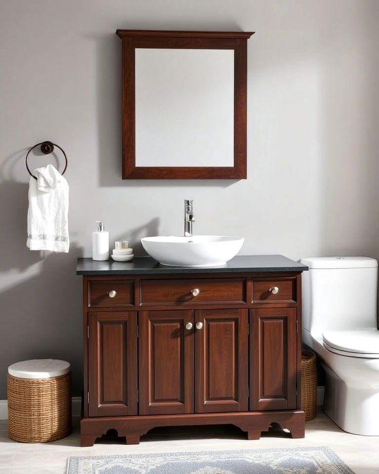 dark brown storage cabinet and white sink - 15 Brown and White Bathroom Ideas