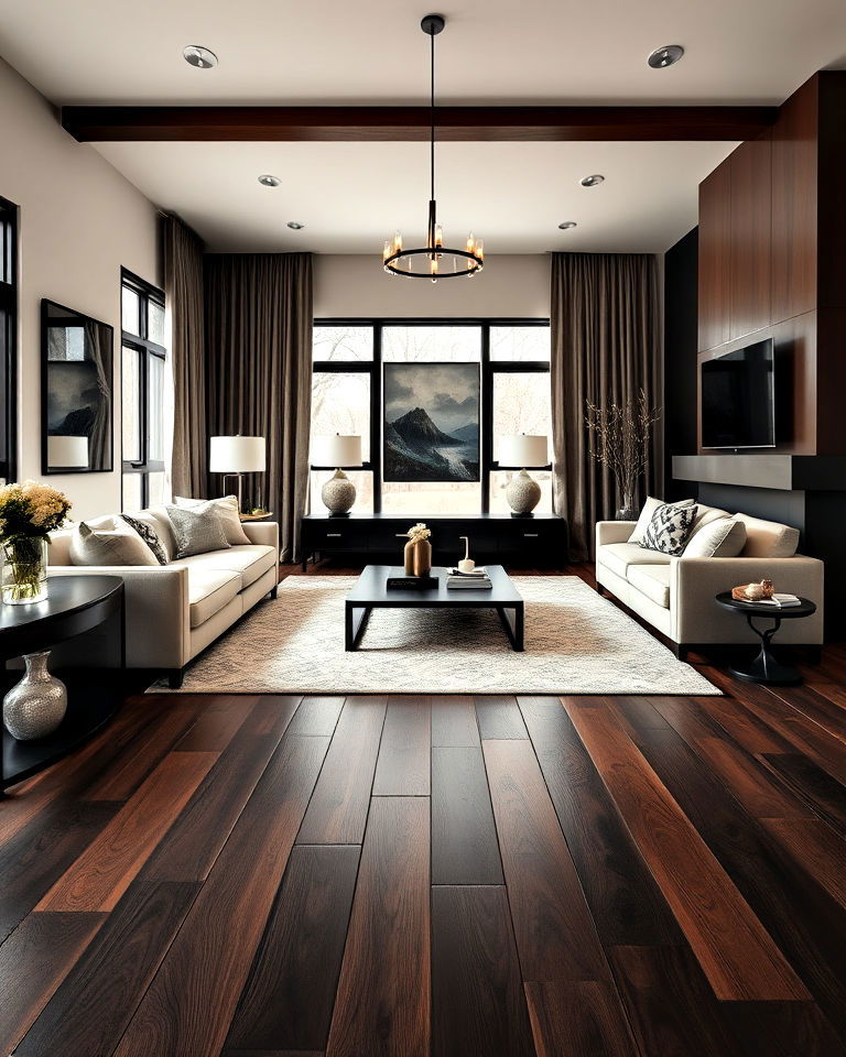 dark brown wide plank floor - 30 Dark Brown Floor Living Room Ideas