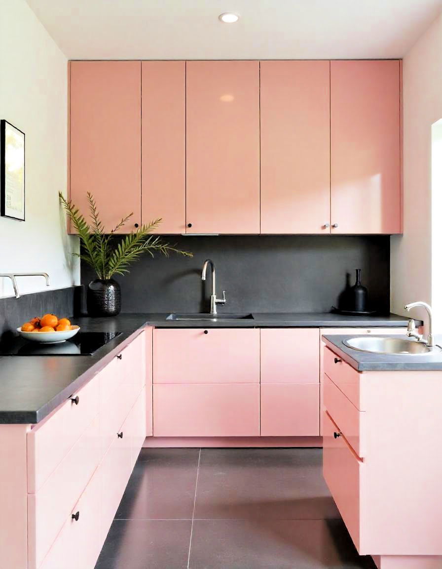 dark concrete and glossy cabinets combo - 20 Kitchen With Dark Countertops and Light Cabinets