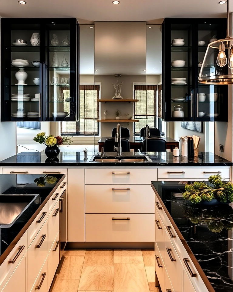 dark countertops for mirrored backsplash kitchen - 30 Mirrored Backsplash Kitchen Ideas