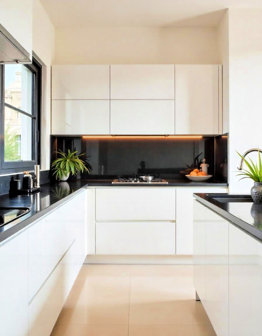 dark countertops with high gloss light cabinets - 20 Kitchen With Dark Countertops and Light Cabinets