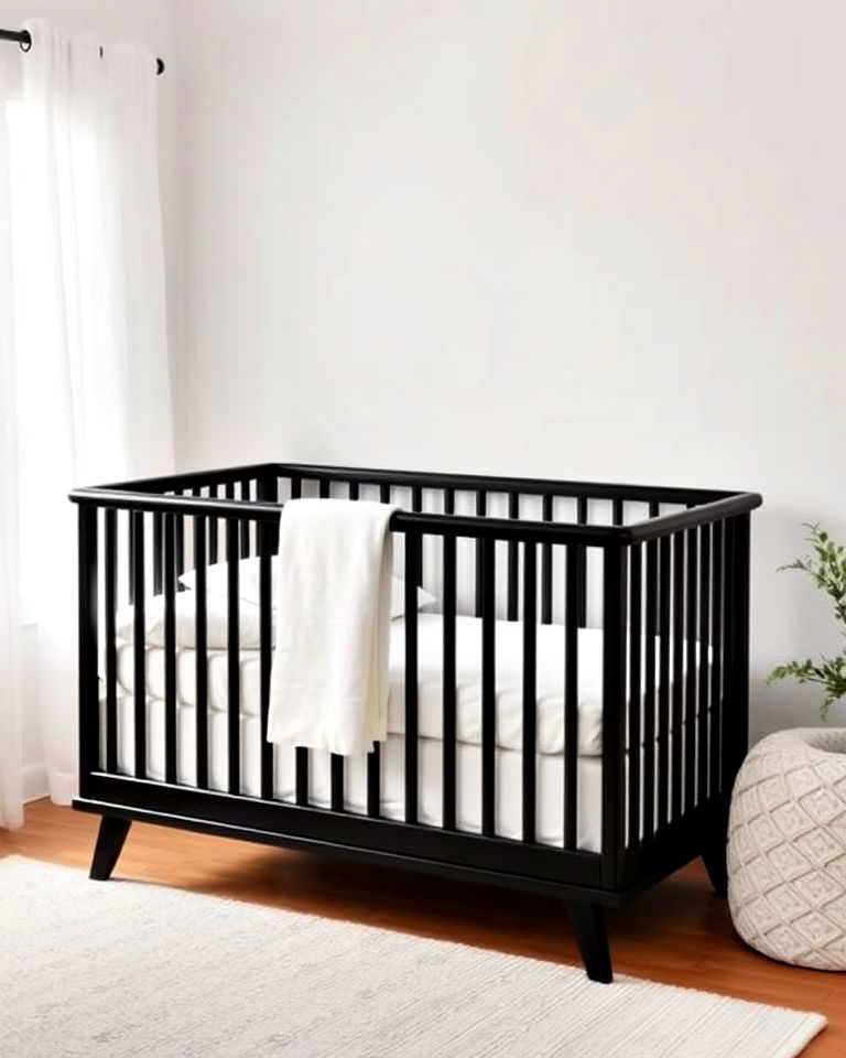 dark crib with light bedding for nursery - 25 Black Nursery Ideas
