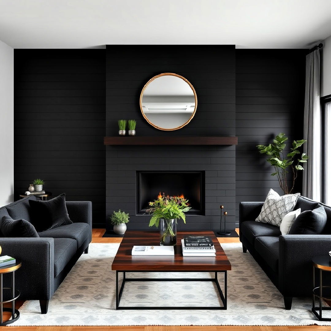 dark furniture for black shiplap fireplace - 40 Black Shiplap Fireplace Ideas