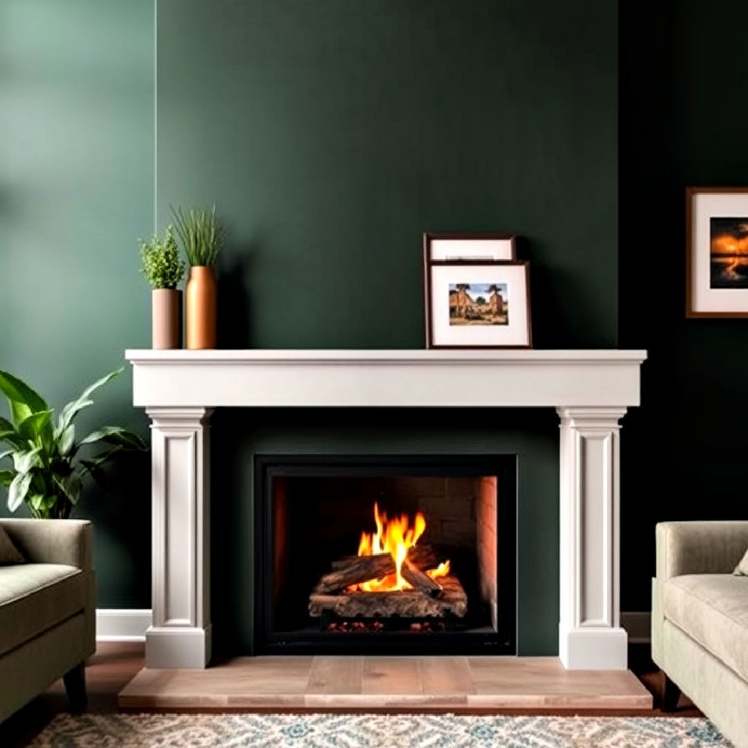 dark green accent wall behind a fireplace - 40 Dark Green Accent Wall Ideas