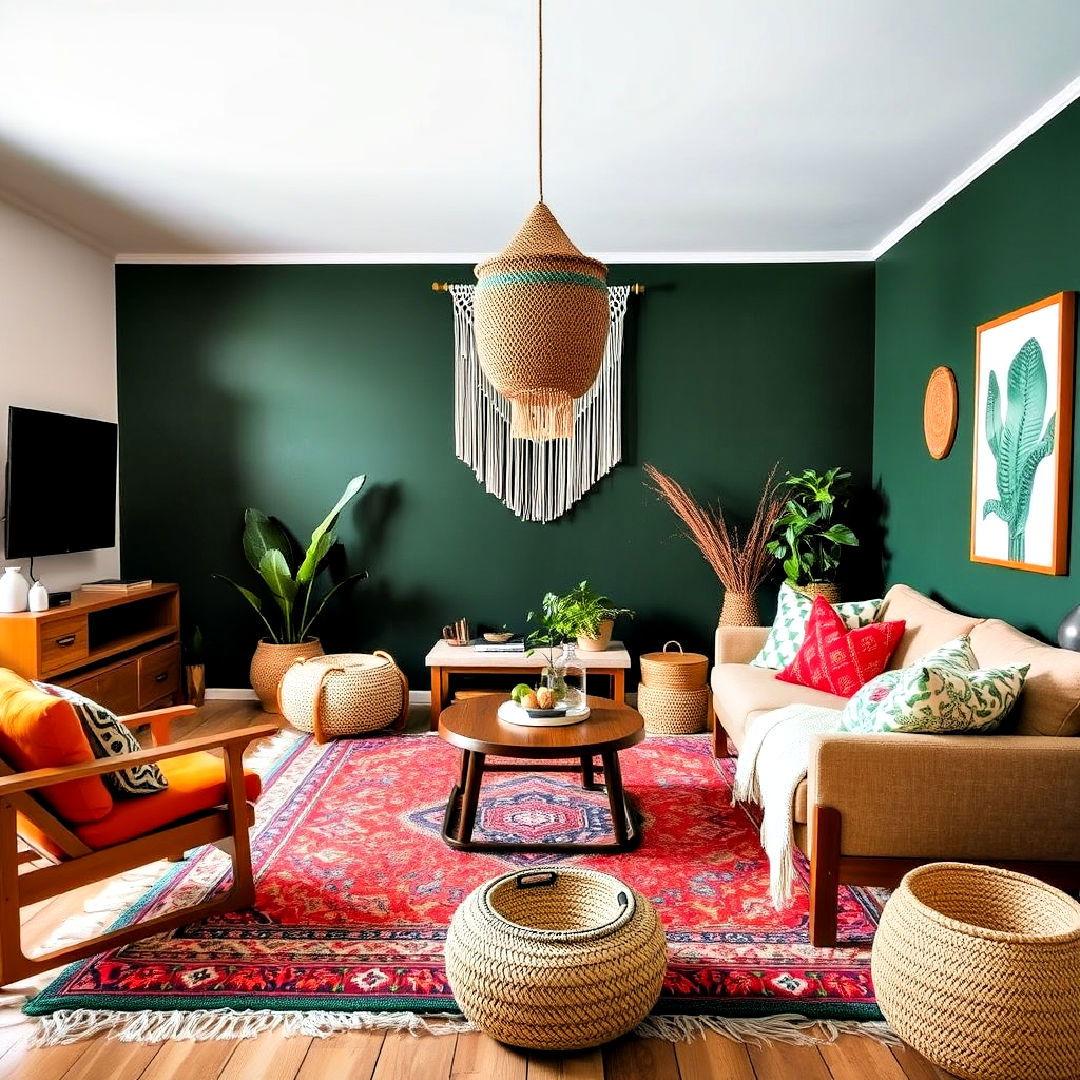 dark green accent wall for boho living room - 40 Dark Green Accent Wall Ideas