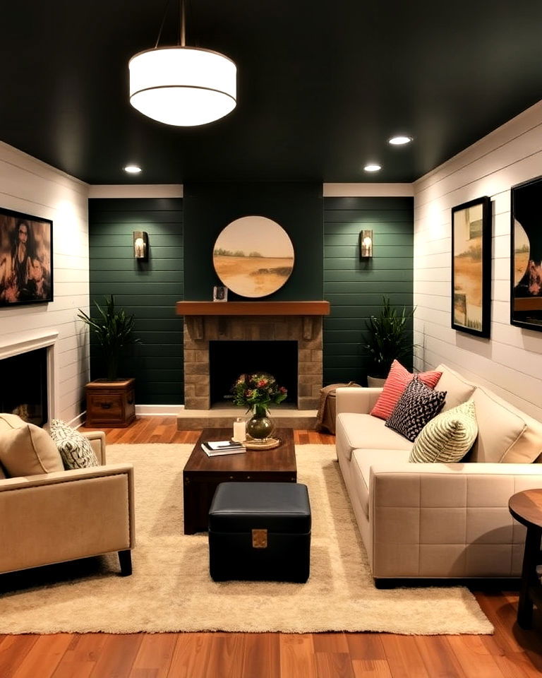 dark green accent wall for cozy basement lounge - 40 Dark Green Accent Wall Ideas