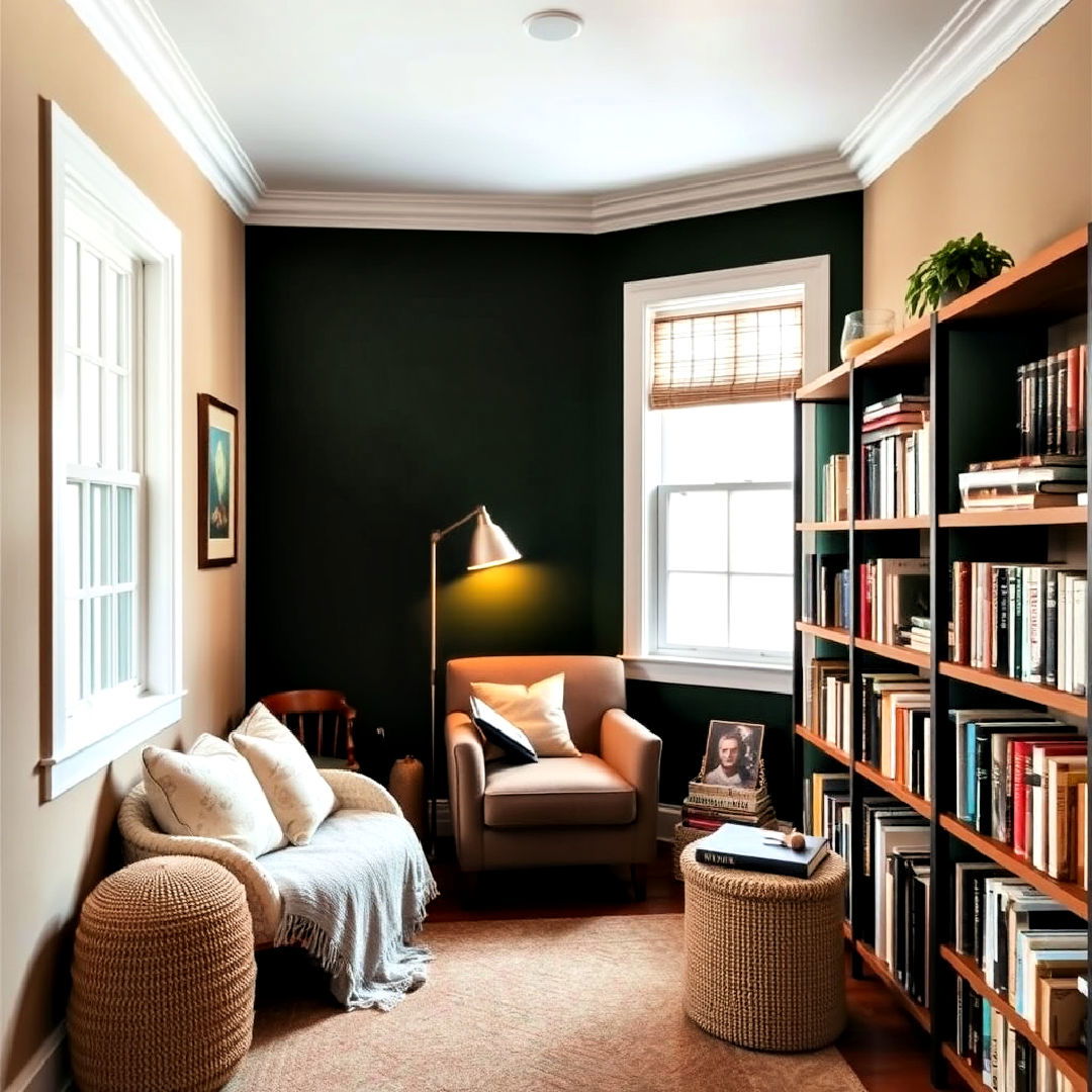 dark green accent wall for cozy reading nook - 40 Dark Green Accent Wall Ideas
