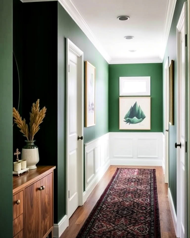 dark green accent wall for hallway - 20 Green Hallway Ideas