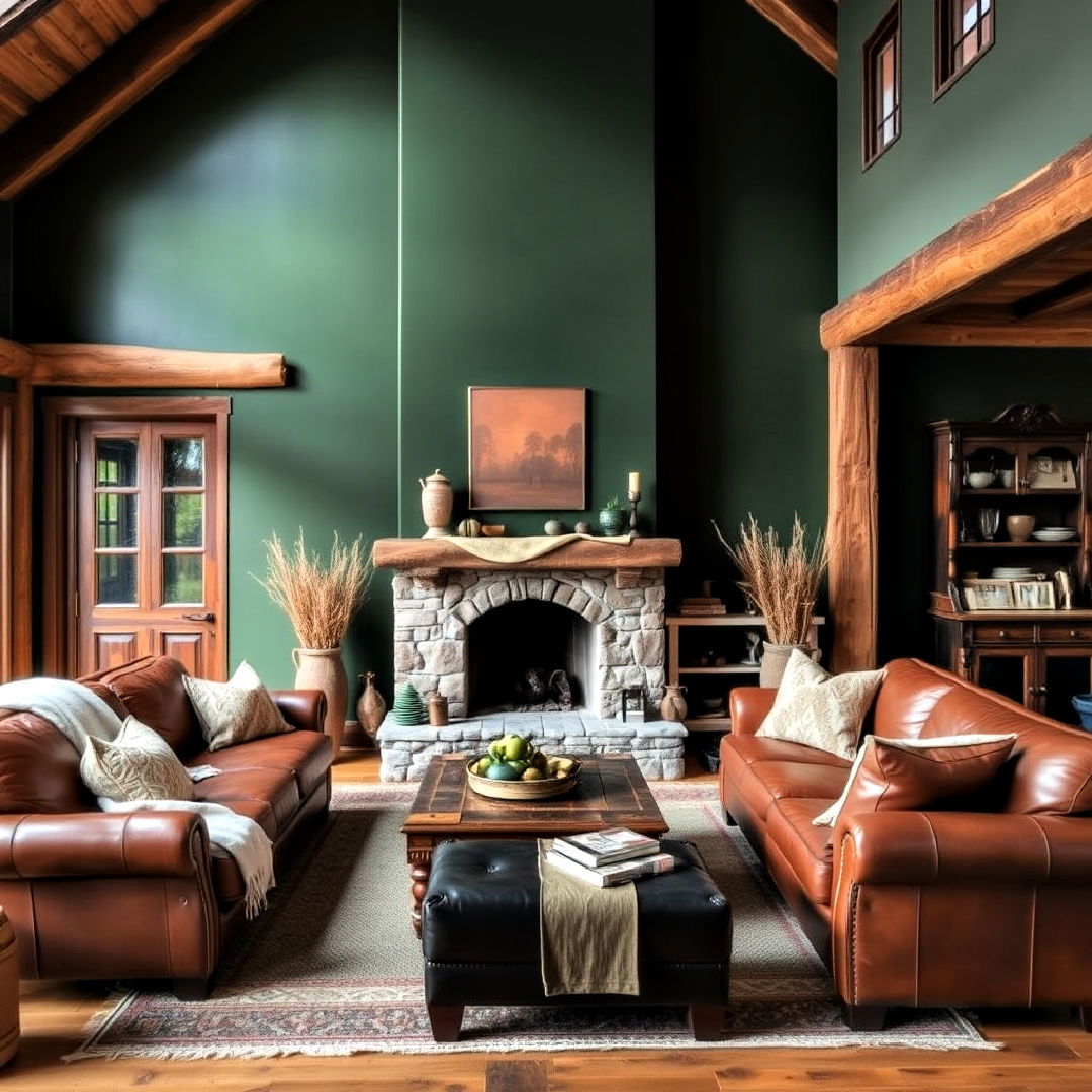 dark green accent wall in a rustic living room - 40 Dark Green Accent Wall Ideas