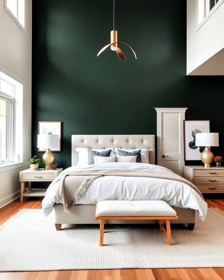 dark green accent wall in high ceiling bedroom - 40 Dark Green Accent Wall Ideas