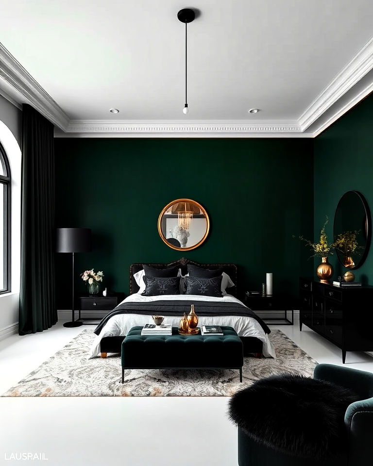 dark green accent wall with black furniture - 40 Dark Green Accent Wall Ideas