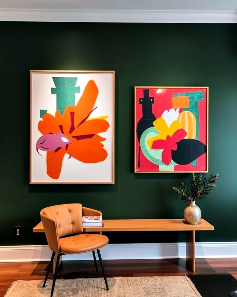 dark green accent wall with bold artwork - 40 Dark Green Accent Wall Ideas