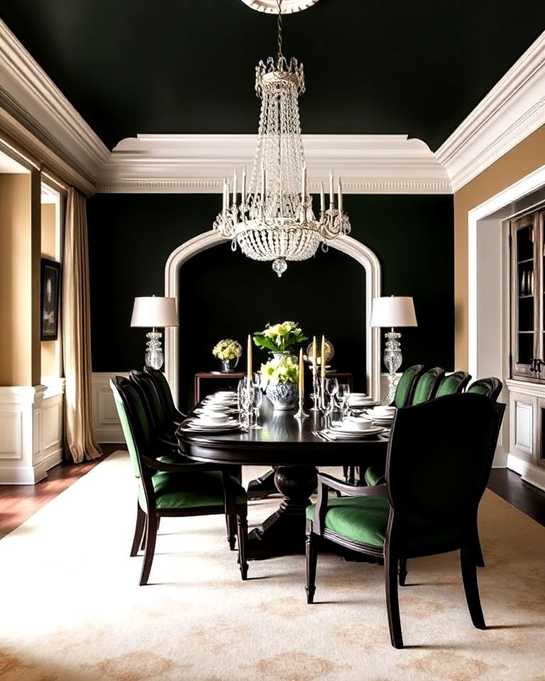 dark green accent wall with crystal chandelier - 40 Dark Green Accent Wall Ideas