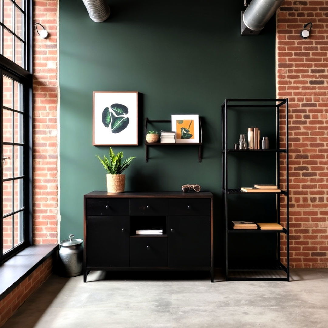 dark green accent wall with industrial decor - 40 Dark Green Accent Wall Ideas
