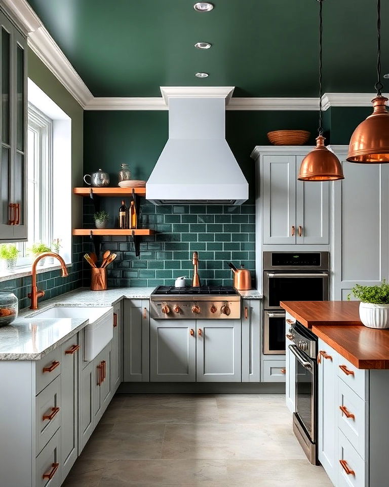 dark green and copper combo for kitchen - 40 Dark Green Kitchen Ideas