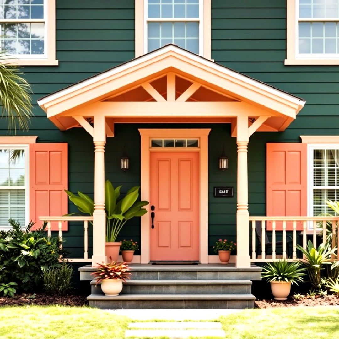 dark green and peach accents to create playful contrast - 40 Dark Green Exterior Paint Color Schemes