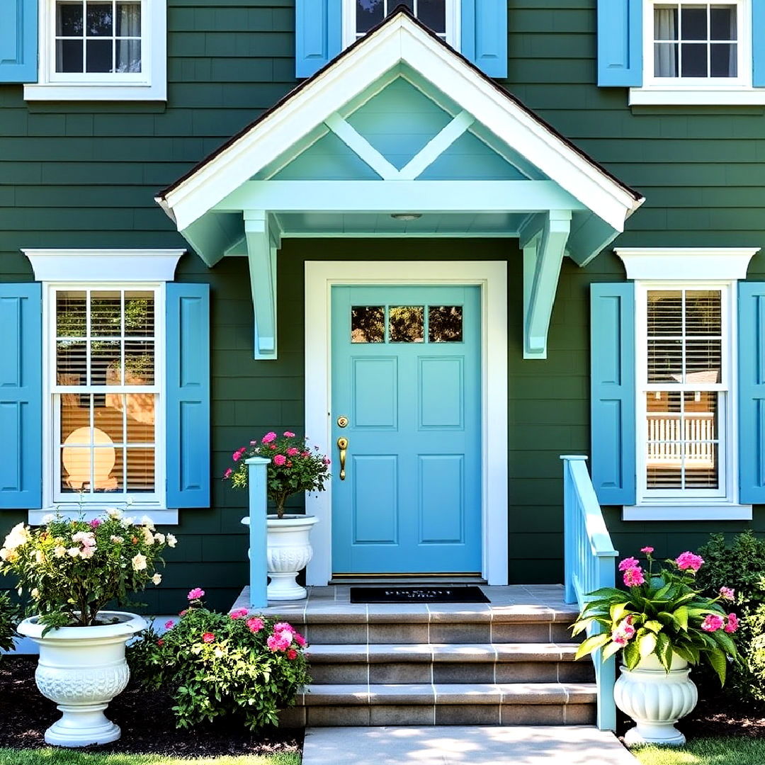 dark green and sky blue contrast - 40 Dark Green Exterior Paint Color Schemes