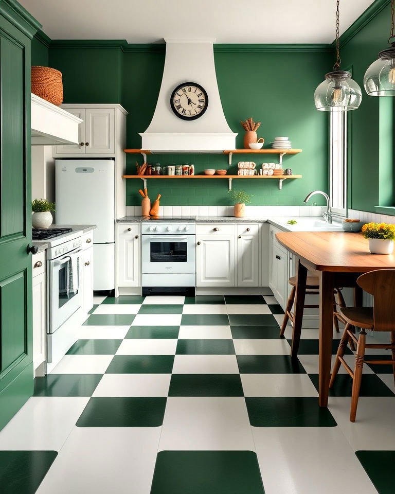 dark green and white checkerboard floor design - 40 Dark Green Kitchen Ideas