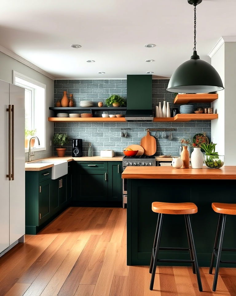 dark green and wood combo for kitchen - 40 Dark Green Kitchen Ideas