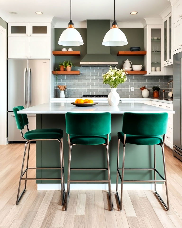 dark green bar stools for cohesive look - 40 Dark Green Kitchen Ideas