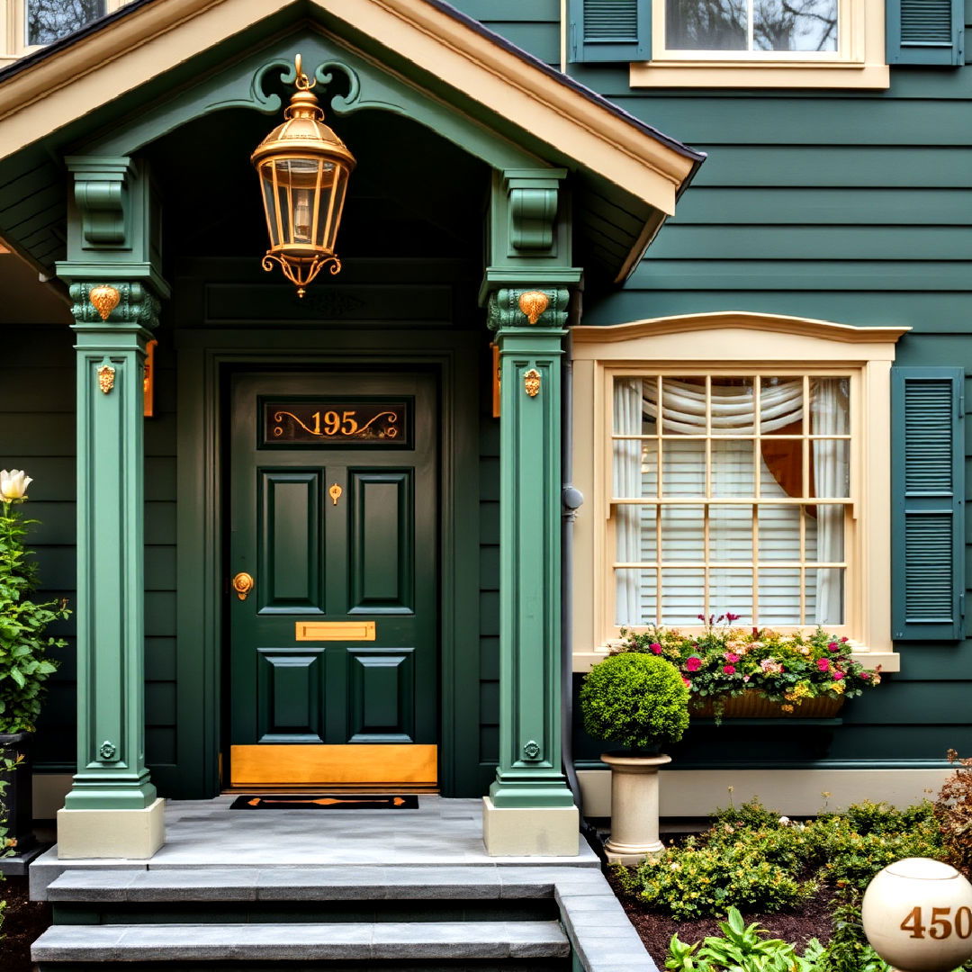 dark green exterior paint color with gold accents - 40 Dark Green Exterior Paint Color Schemes