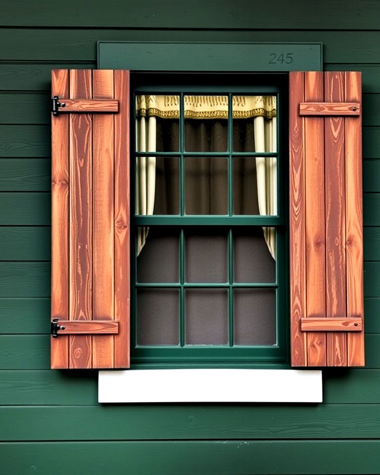 dark green exterior with rustic shutters - 25 Farmhouse Green Exterior Home Ideas