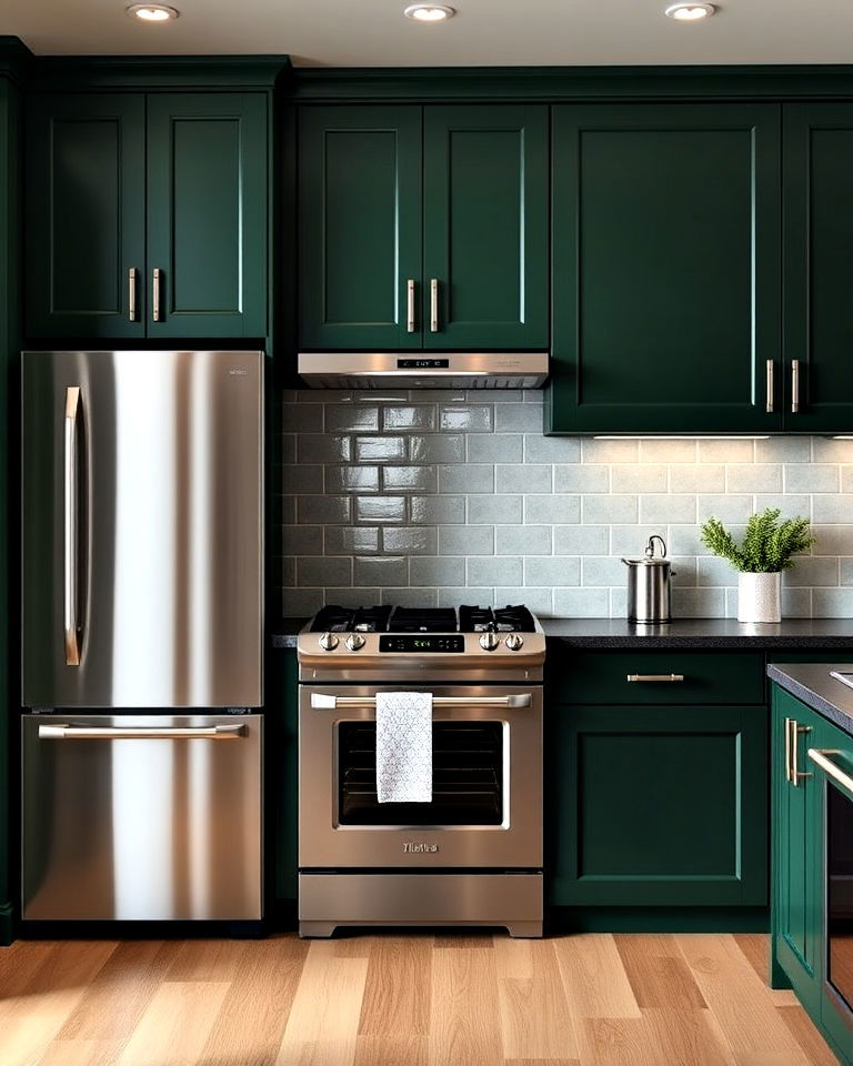 dark green kitchen and stainless steel appliances - 40 Dark Green Kitchen Ideas