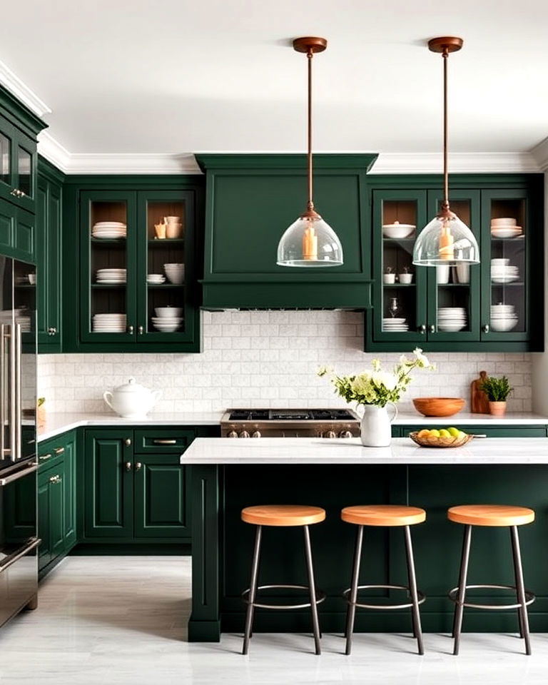 dark green kitchen with glass front cabinets - 40 Dark Green Kitchen Ideas
