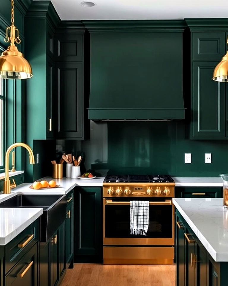 dark green kitchen with gold accents - 40 Dark Green Kitchen Ideas