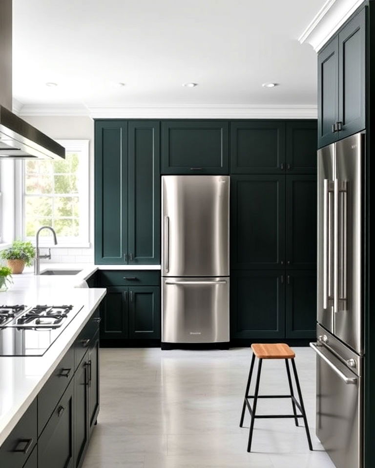 dark green kitchen with integrated appliances - 40 Dark Green Kitchen Ideas