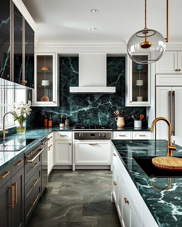 dark green marble countertops for kitchen - 40 Dark Green Kitchen Ideas