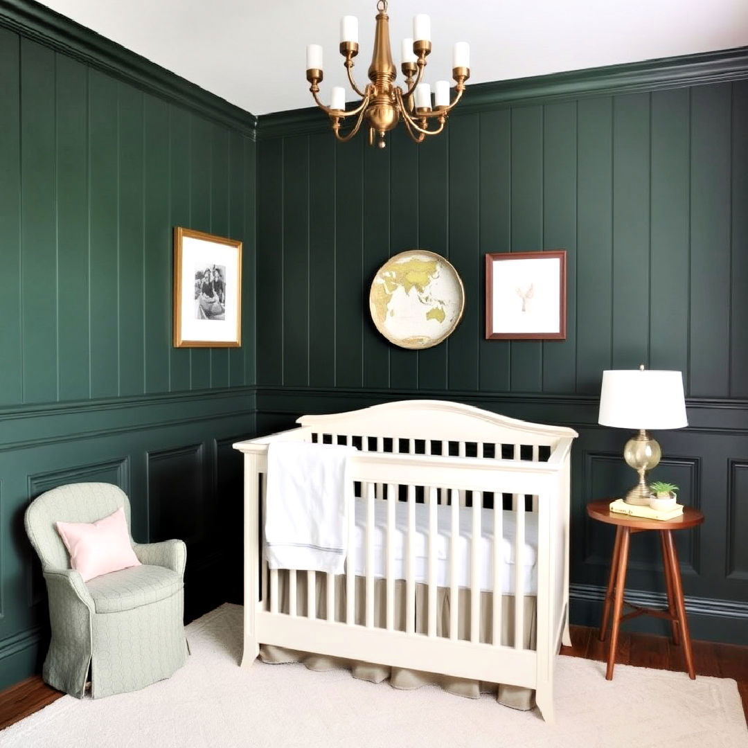 dark green nursery with wall paneling - 25 Dark Green Nursery Ideas