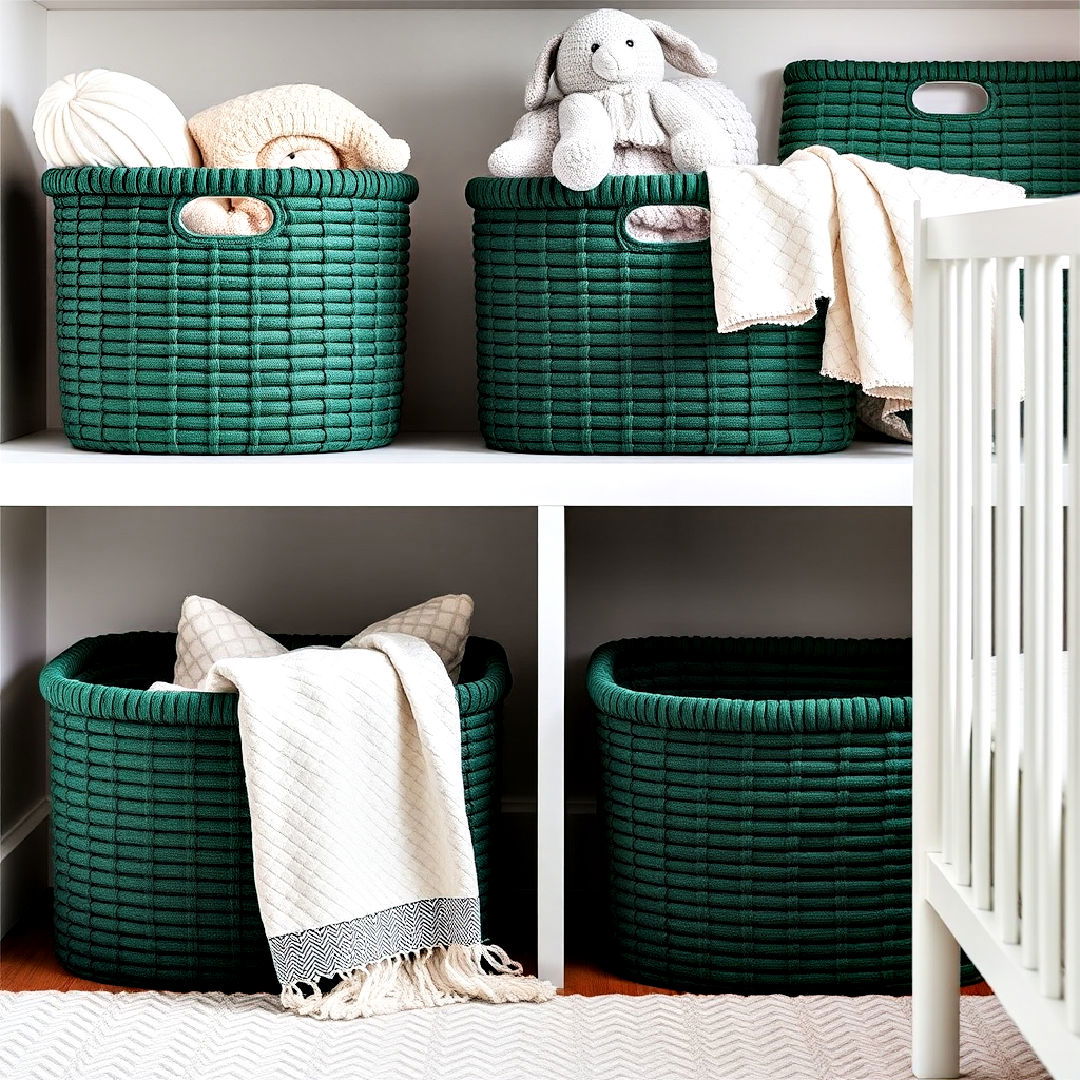 dark green storage basket to store toys - 25 Dark Green Nursery Ideas