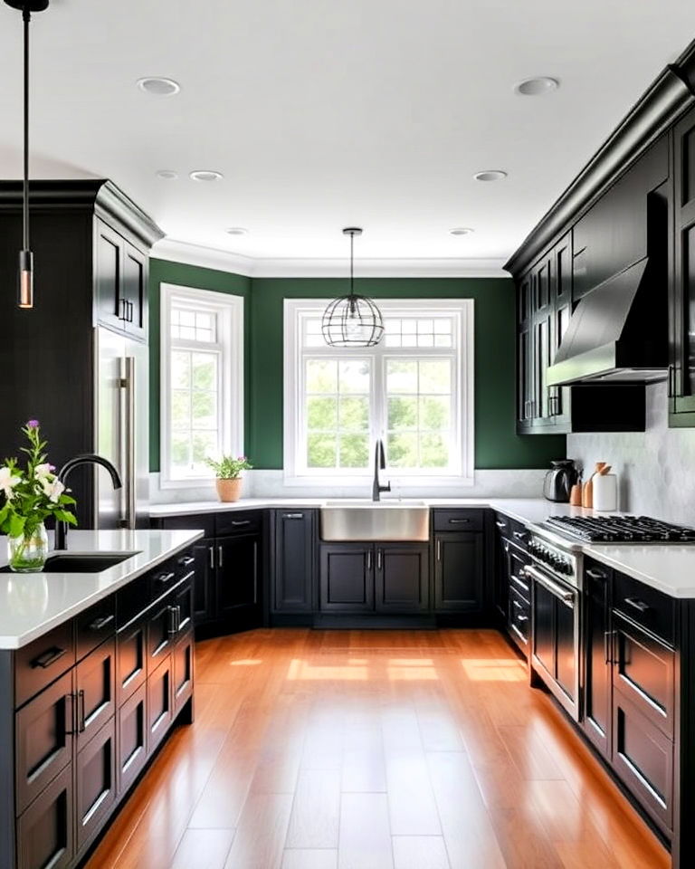 dark green walls with black cabinets for kitchen - 30 Black and Green Kitchen Ideas