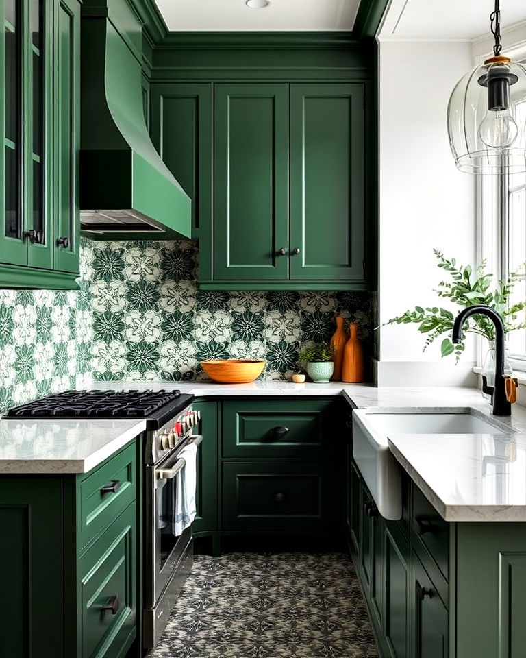 dark green with cabinetry patterned tiles - 40 Dark Green Kitchen Ideas