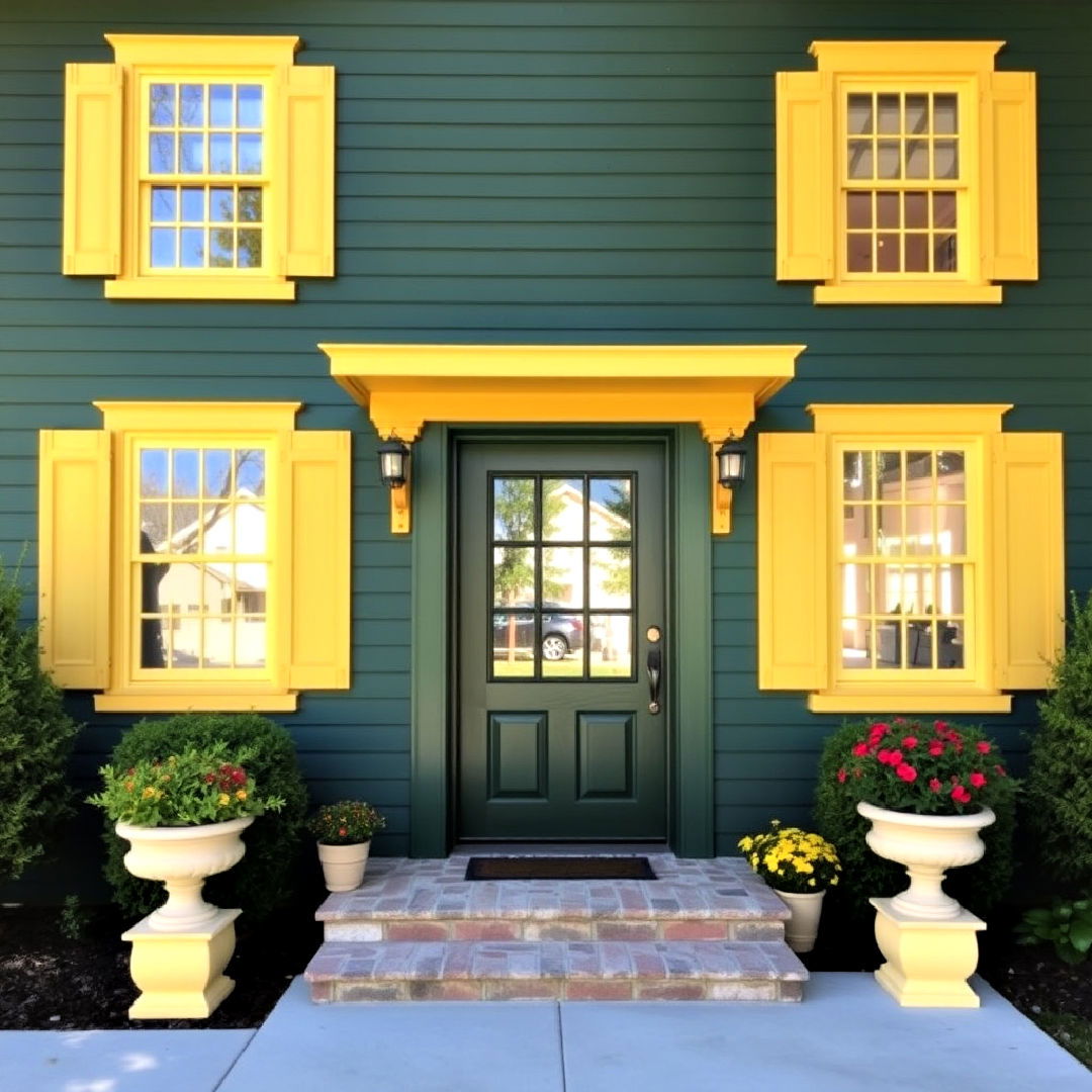 dark green with light yellow accents for a cheerful look - 40 Dark Green Exterior Paint Color Schemes