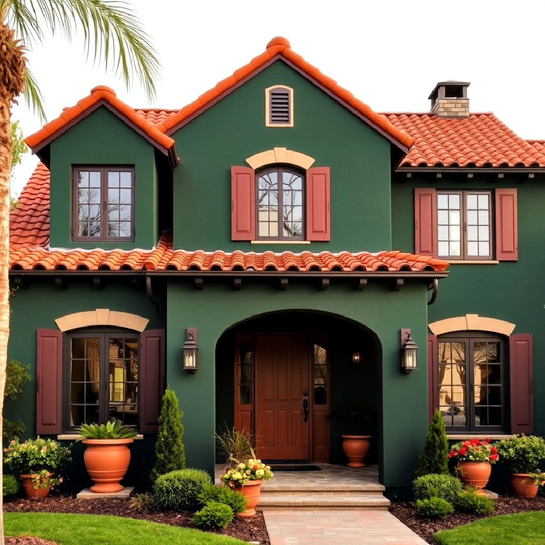 dark green with terracotta accents for exterior paint color - 40 Dark Green Exterior Paint Color Schemes