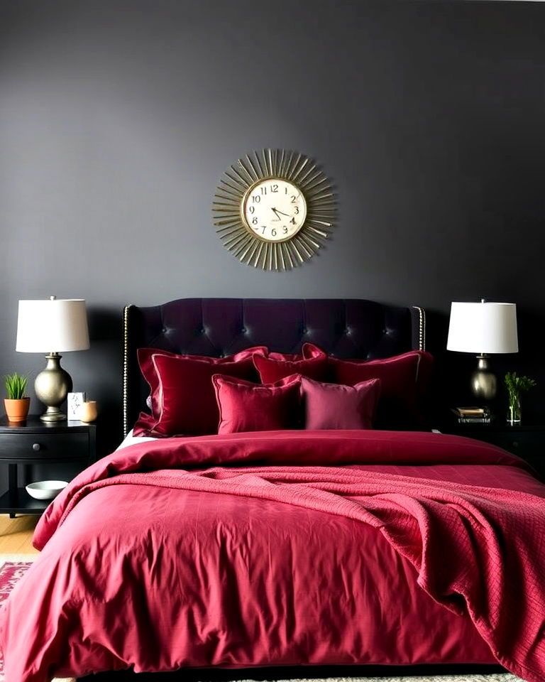dark grey bedroom with deep jewel tones - 30 Dark Grey Bedroom Ideas