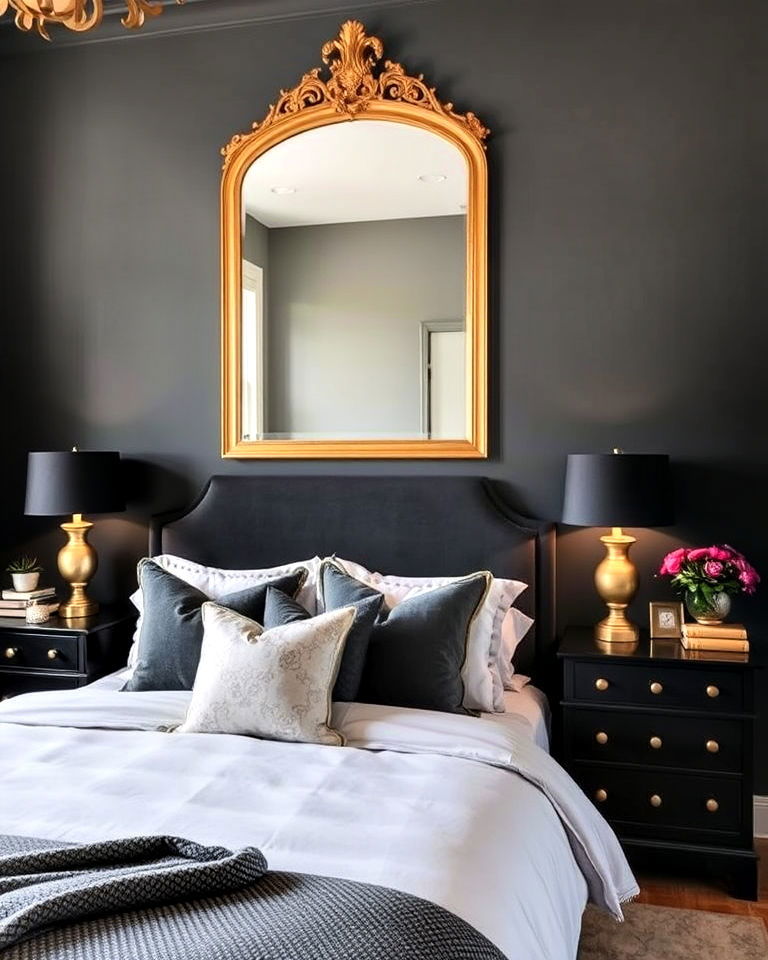 dark grey bedroom with gold accents - 30 Dark Grey Bedroom Ideas