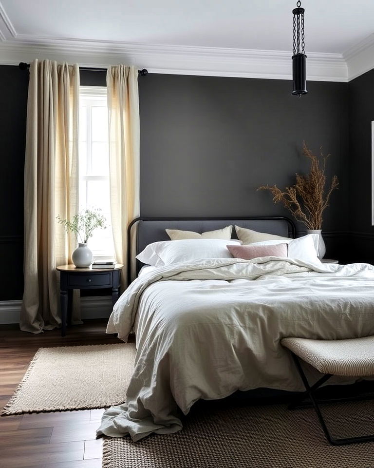 dark grey bedroom with natural textiles - 30 Dark Grey Bedroom Ideas