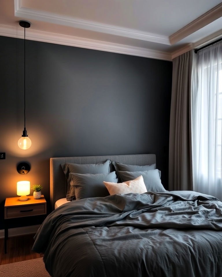 dark grey bedroom with soft lighting - 30 Dark Grey Bedroom Ideas