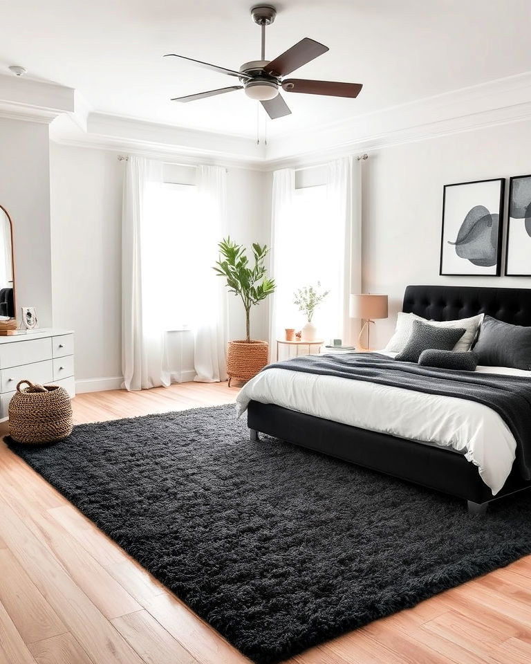 dark grey bedroom with statement rug - 30 Dark Grey Bedroom Ideas