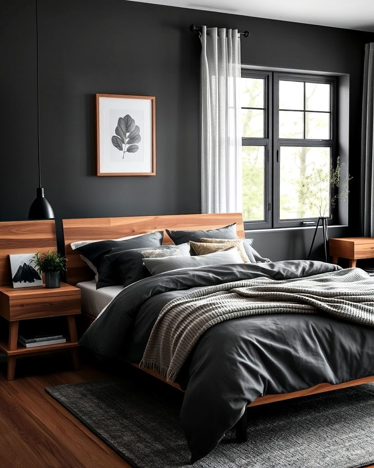 dark grey bedroom with wood combination - 30 Dark Grey Bedroom Ideas
