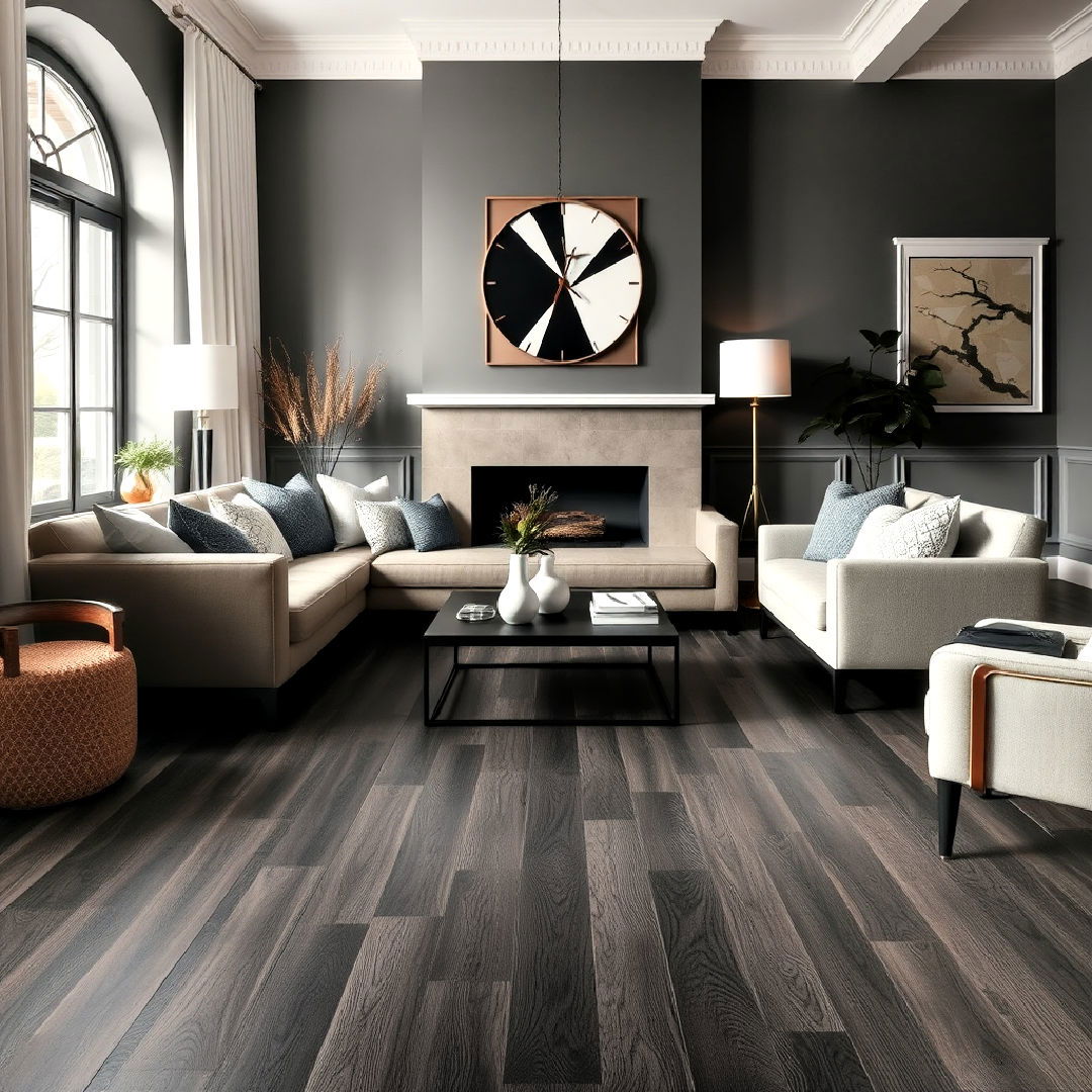 dark grey engineered wood flooring - 25 Grey Flooring Living Room Ideas