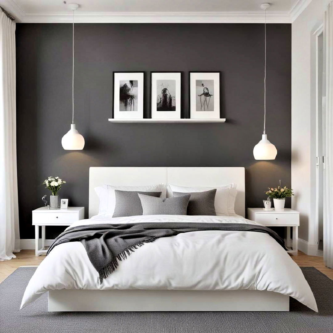 dark grey feature wall with white furniture - 40 Grey and White Bedroom Ideas
