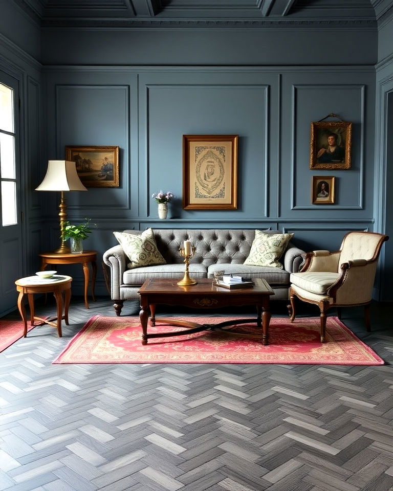 dark grey herringbone floor with powder blue walls - 20 Grey Floor Living Room With Blue Walls Ideas