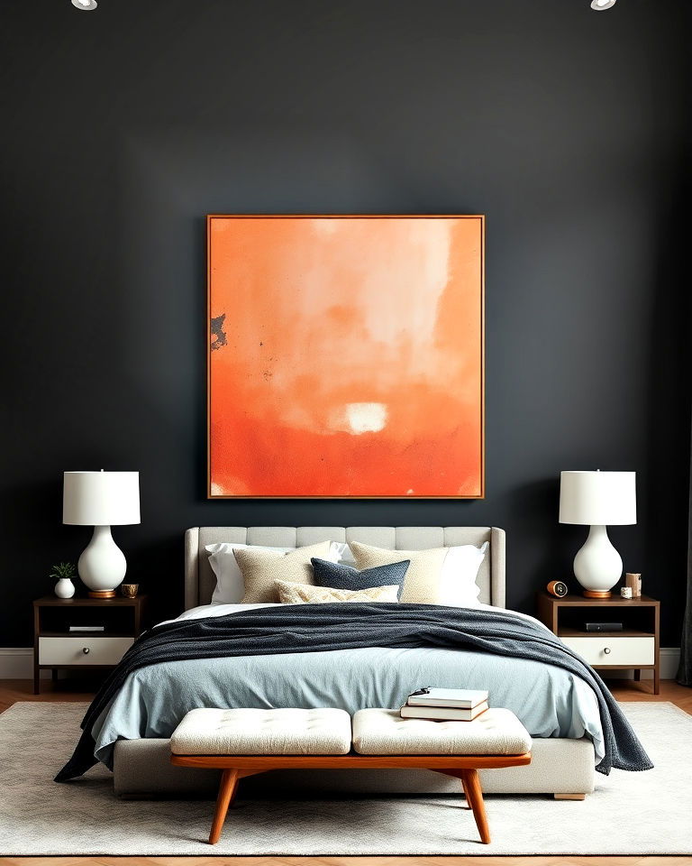 dark grey wall with statement wall art - 30 Dark Grey Bedroom Ideas