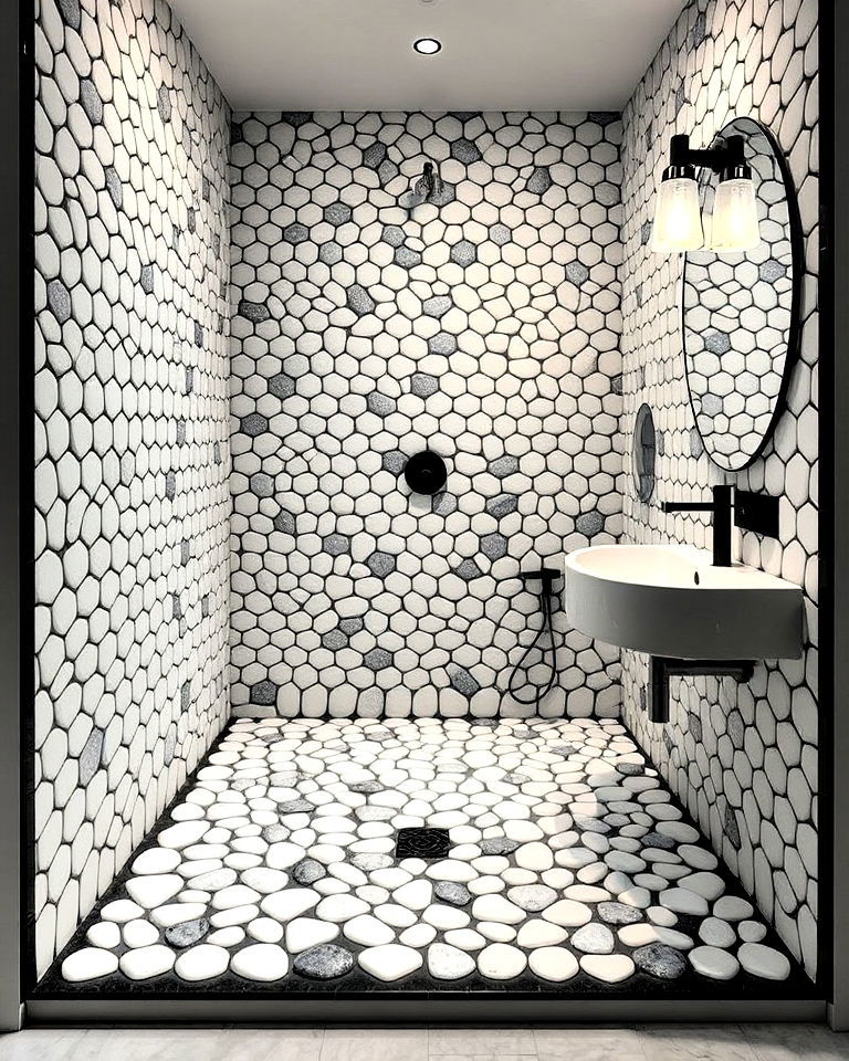 dark grout and light pebbles for bathroom - 20 Pebble Tile Bathroom Ideas