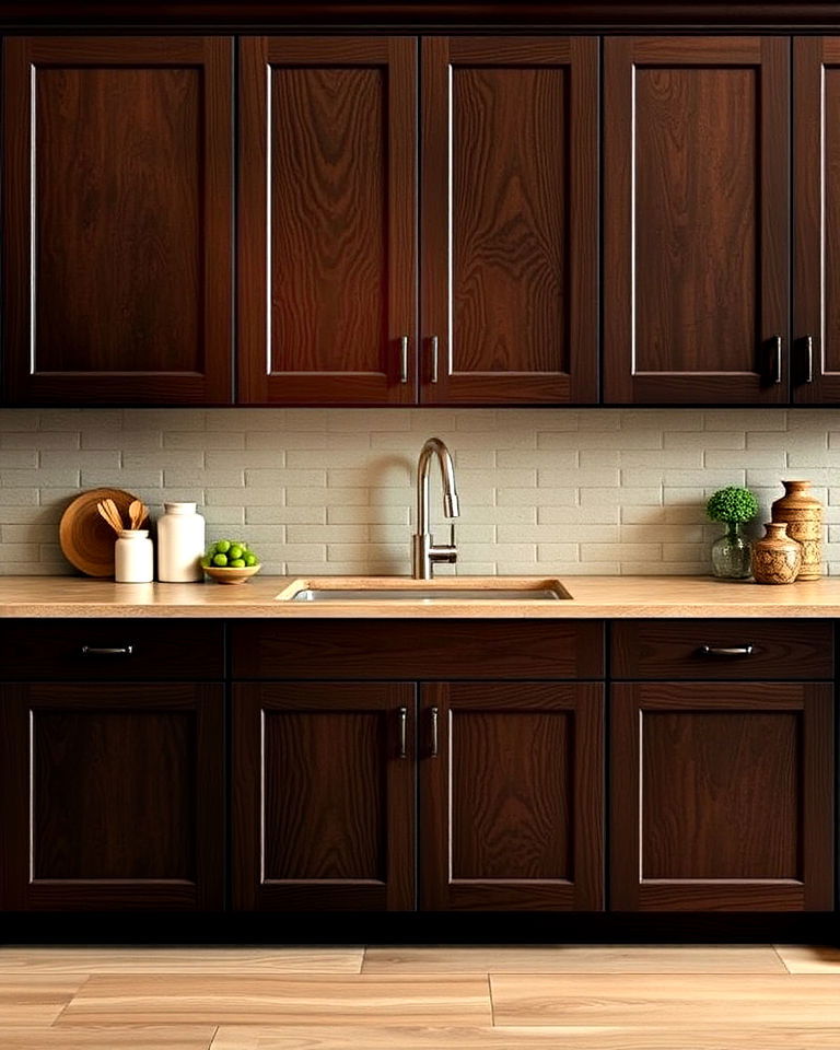 dark hickory wood cabinets for rich texture - 30 Dark Wood Kitchen Cabinets