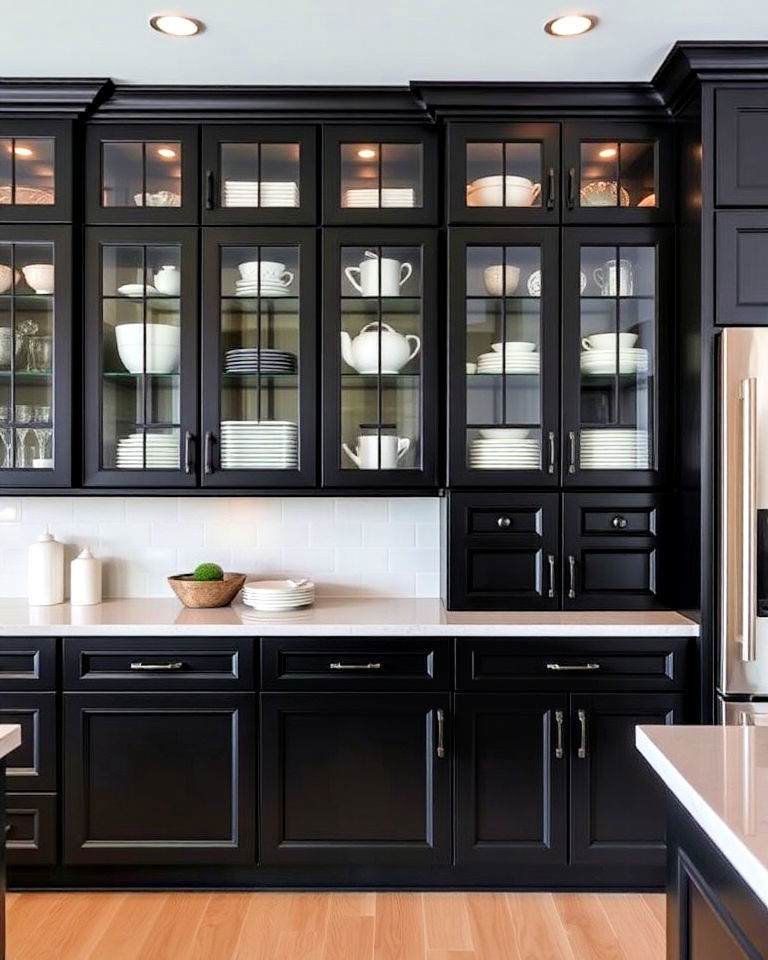 dark kitchen cabinets with glass fronts - 25 Dark Kitchen Ideas